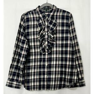 LAUREN RALPH LAUREN Button Up Academia Preppy Plaid w/Ruffle Front